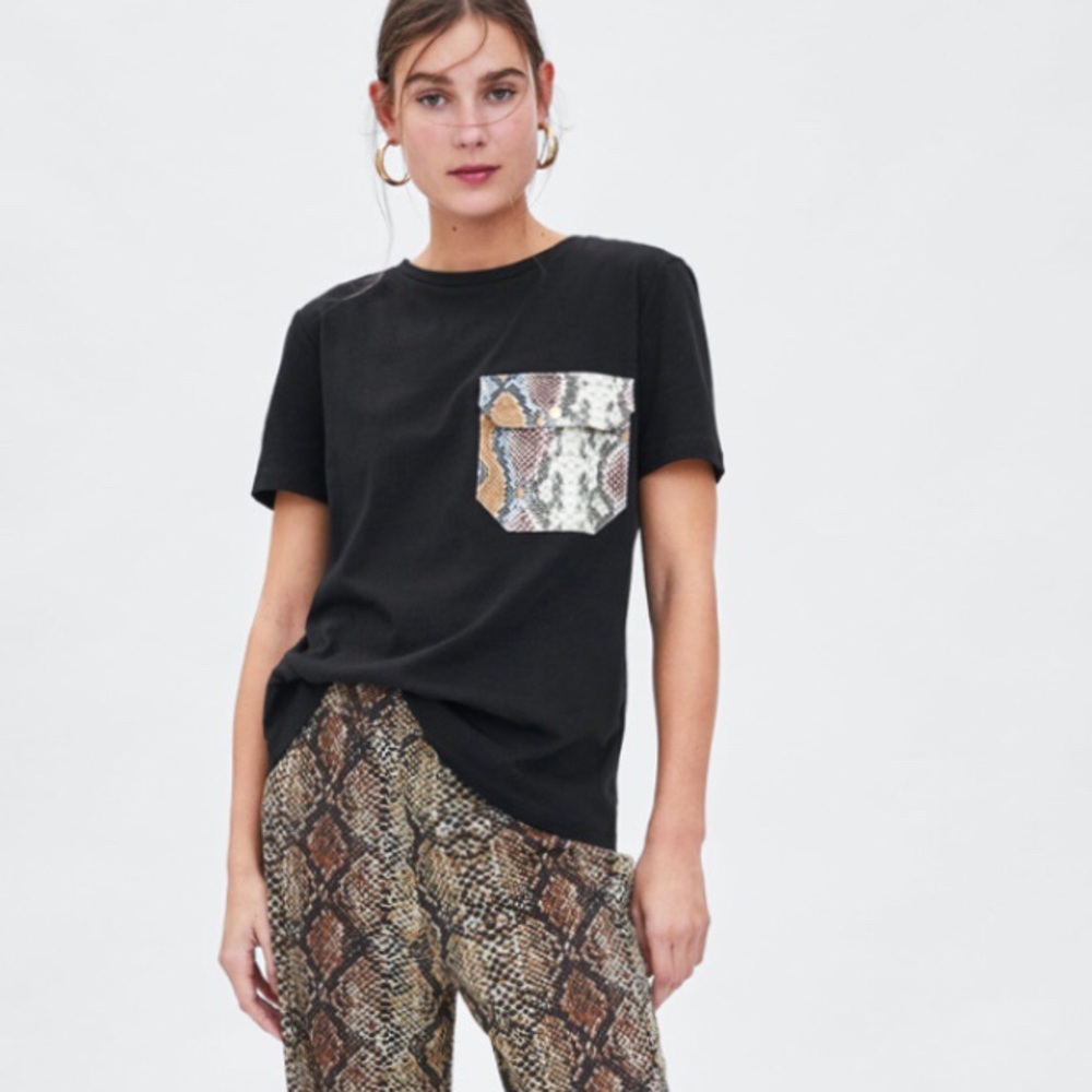 NWT Zara t shirt snake animal pocket